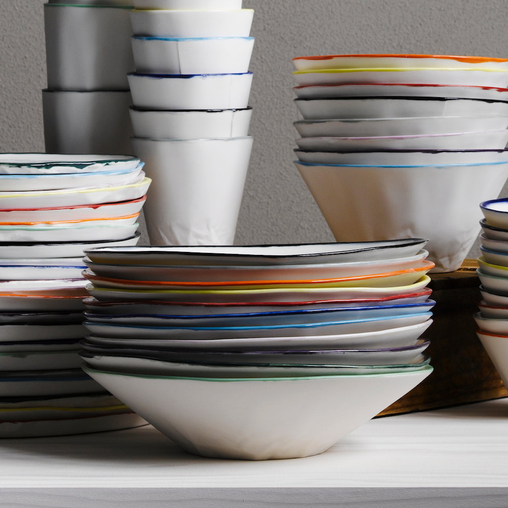Ceramic Coloured Rim Pasta Bowl Set of 4 - Paper
